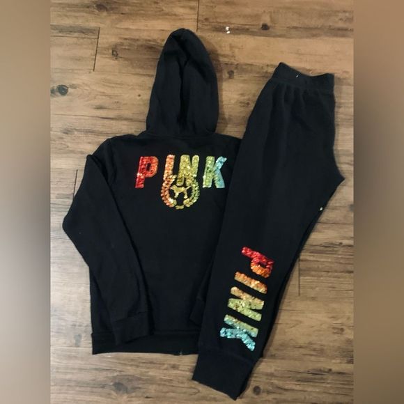 PINK VS RAINBOW OMBRÉ HOODIE / JOGGER OUTFIT SET M - Picture 4 of 16